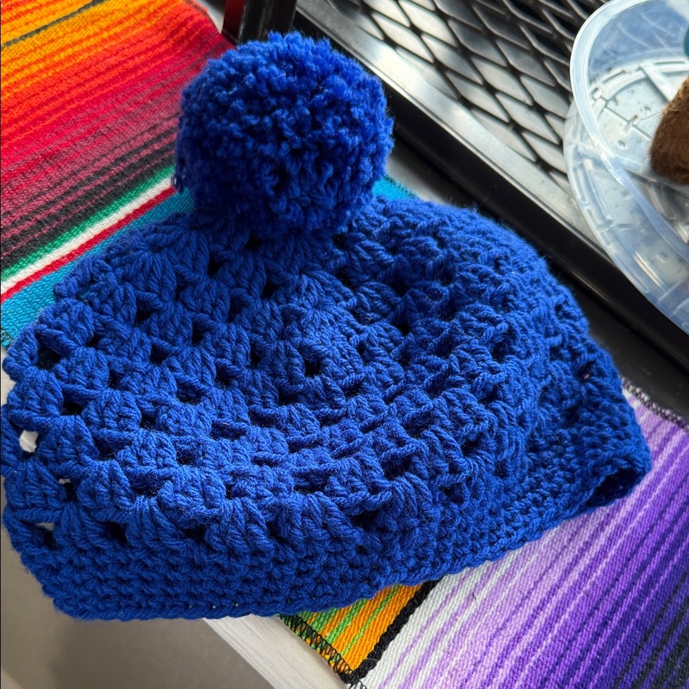 Handmade Blue Crochet Beanie with Pom Pom